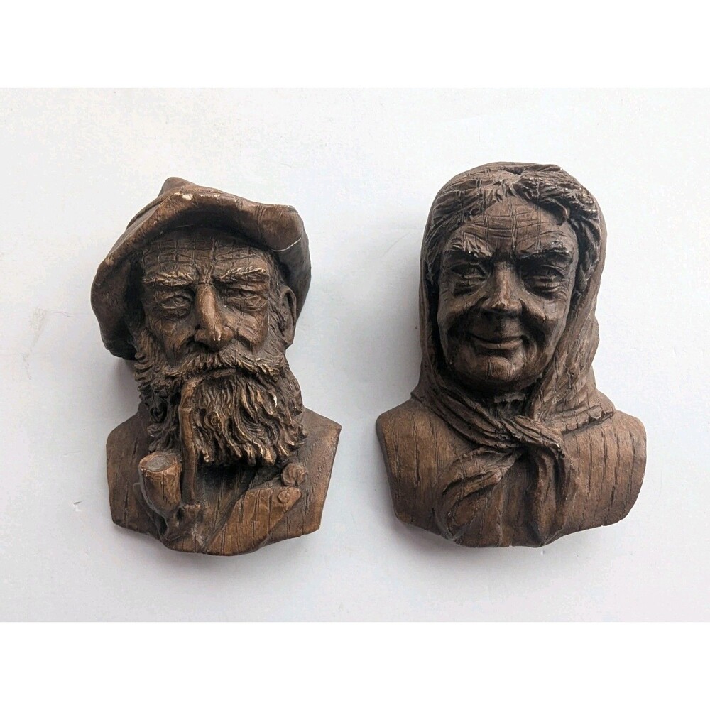 Vintage Folk Peasant Art Hand Faux Carved Wood Figure Wall Plague